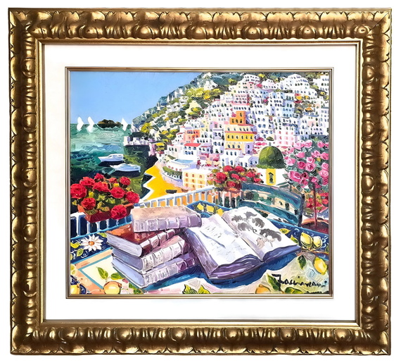 Athos Faccincani - La bellezza di Positano e il racconto dei libri antichi - 2022 (olio su tela)
