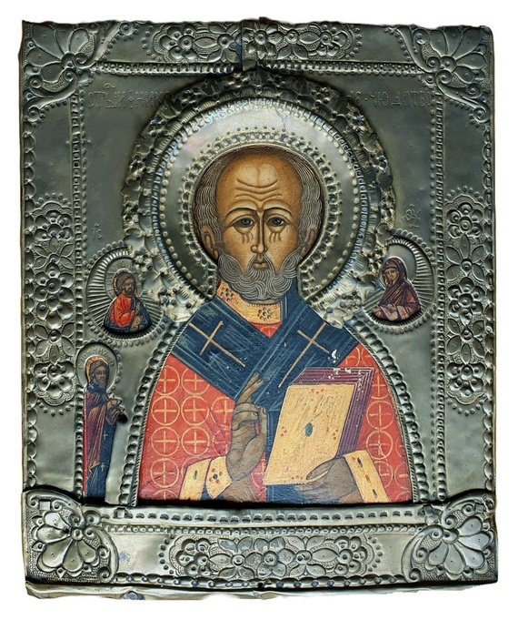Icona bielorussa: San Nicola benedicente con Bibbia - metà del XIX secolo (riza metallica)