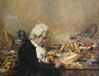 Temistocle Lamesi - Il libraio antiquario - circa 1910/20 (olio su tavola in acero)