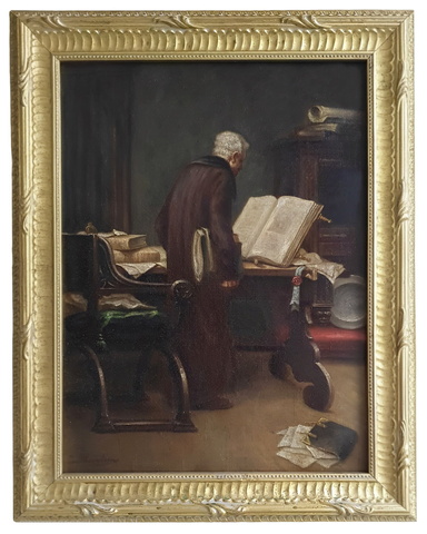 Jan Haverkamp - Monaco in biblioteca - fine del XIX secolo (1890 circa) - olio su prima tela