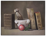 Antonio Sciacca - Natura morta con libri antichi e melograno - 2005 ca. (olio su tela)