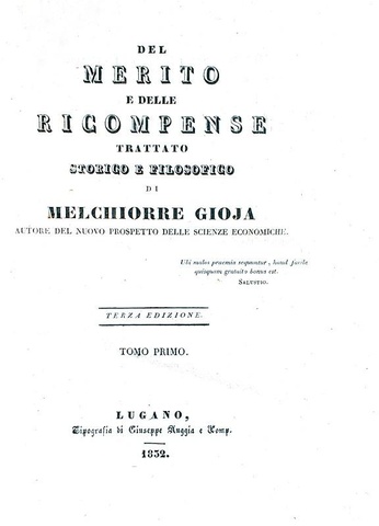 Melchiorre Gioja - Del merito e delle ricompense. Trattato storico e filosofico - Lugano 1832