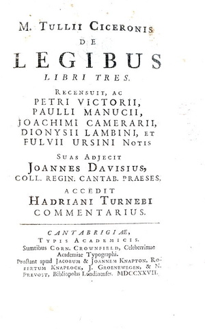 Cicerone -  De legibus libri tres - Cambridge 1727 (bella legatura coeva)