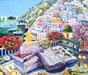 Athos Faccincani - La bellezza di Positano e il racconto dei libri antichi - 2022 (olio su tela)