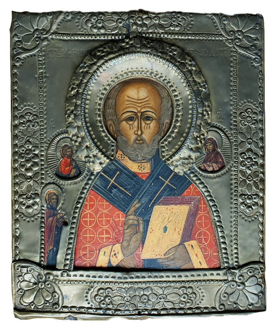 Icona bielorussa: San Nicola benedicente con Bibbia - met del XIX secolo (riza metallica)