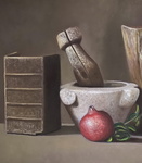 Antonio Sciacca - Natura morta con libri antichi e melograno - 2005 ca. (olio su tela)