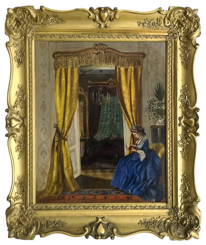 Franz Russ il Giovane - Dame mit buch - 1871 (olio su tela - splendida cornice di met� Ottocento)