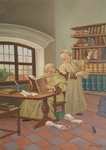Harry Eliott (after) - Le clergé dans la bibliothèque - 1950 ca. (olio su tavola)