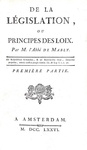 Gabriel Bonnot de Mably - De la legislation ou principes des loix - 1776 (rara prima edizione)
