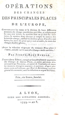 Piazze di cambio europee: Ruelle - Oprations des changes des principales places de l'Europe - 1799