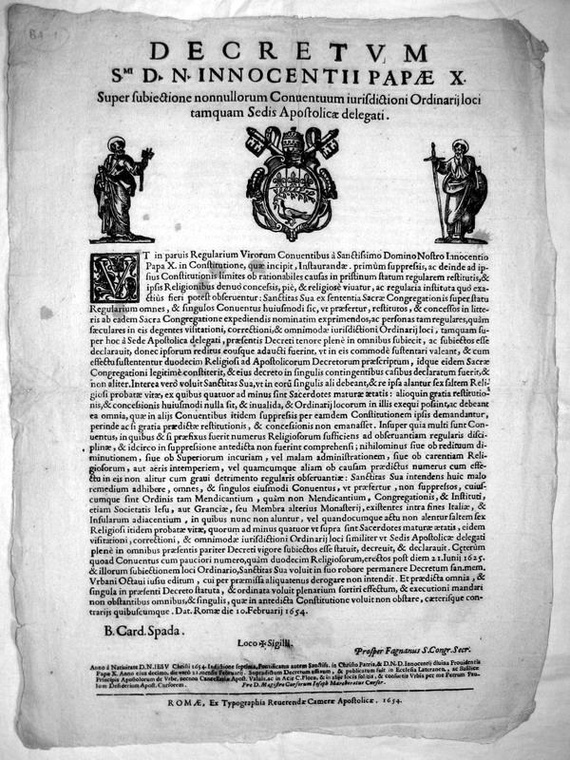 Decreto di Innocenzo X sui conventi - 1654