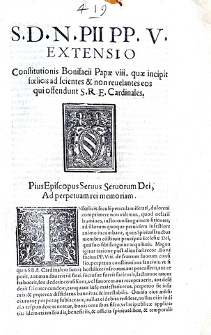 Bolla di Pio V che estende la tutela dei cardinali dagli attentati - Roma, Blado 1570