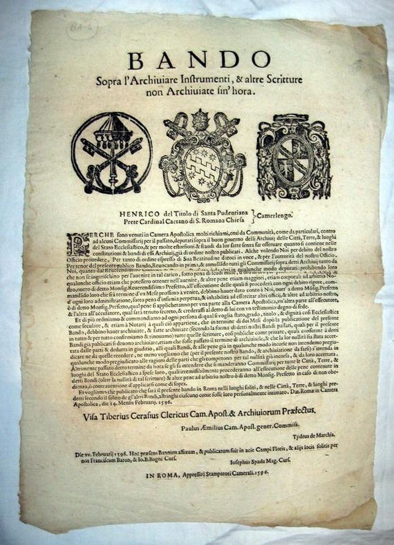 Bando che disciplina gli archivi dello stato pontificio - 1596
