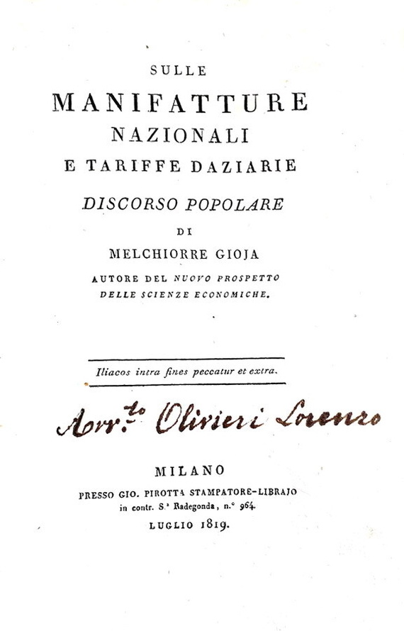 I dazi nell'Ottocento: Gioja - Sulle manifatture nazionali e tariffe daziarie 1819 (prima edizione) I dazi nell'Ottocento: Gioja - Sulle manifatture nazionali e tariffe daziarie 1819 (prima edizione)