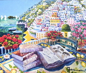 Athos Faccincani - La bellezza di Positano e il racconto dei libri antichi - 2022 (olio su tela) Athos Faccincani - La bellezza di Positano e il racconto dei libri antichi - 2022 (olio su tela)