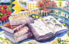 Athos Faccincani - La bellezza di Positano e il racconto dei libri antichi - 2022 (olio su tela) Athos Faccincani - La bellezza di Positano e il racconto dei libri antichi - 2022 (olio su tela)