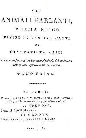 Giambattista Casti - Gli animali parlanti poema epico - Parigi 1802 (prima edizione, bella legatura)