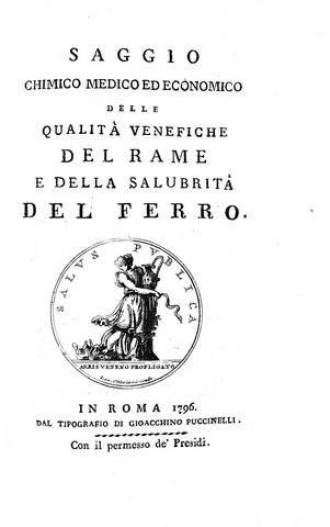 Nicola Corona - Saggio sulle qualità venefiche del rame e della salubrità del ferro - 1796 (raro) Nicola Corona - Saggio sulle qualità venefiche del rame e della salubrità del ferro - 1796 (raro)