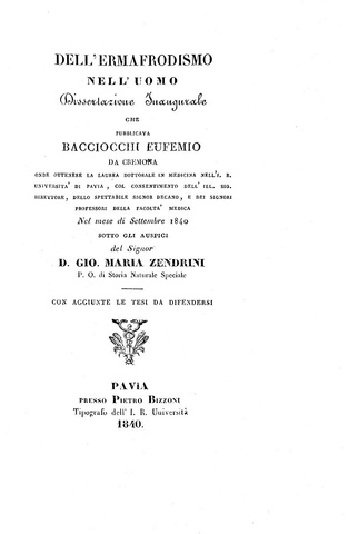 Eufemio Bacciocchi - Dell'Ermafrodismo nell'uomo - Pavia 1840 (introvabile prima e unica edizione)