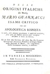 Mario Guarnacci - Delle origini italiche - Venezia, Bassaglia 1773 (prima edizione)