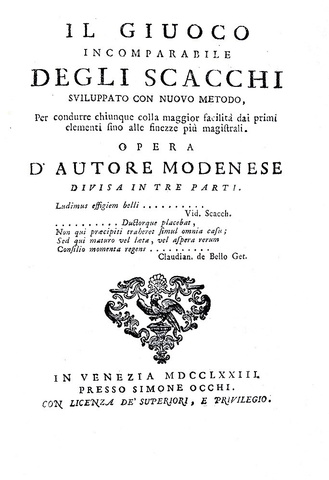 Ponziani - Il giuoco incomparabile degli scacchi sviluppato con nuovo metodo - Venezia 1773 (raro)
