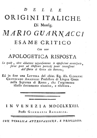 Mario Guarnacci - Delle origini italiche - Venezia, Bassaglia 1773 (non comune prima edizione)