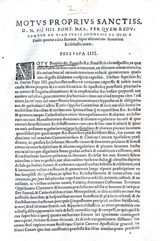 Moto proprio di Pio IV che disciplina le alienazioni dei beni ecclesiastici - Roma, Blado 1560