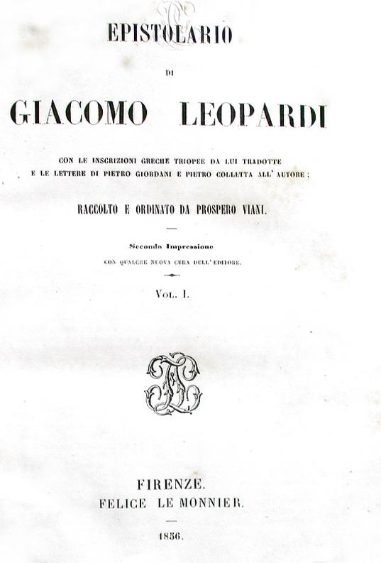 Un classico ottocentesco: Giacomo Leopardi - Epistolario - Firenze 1856 (seconda edizione)