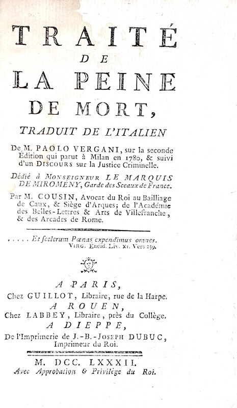 Paolo Vergani - Traite de la peine de mort - A Paris 1782 (prima traduzione francese)