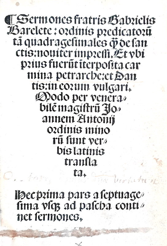 Gabriele Barletta, Sermones - Niccol di Lira, Preceptorium 1505/24 (raro post-incunabolo)