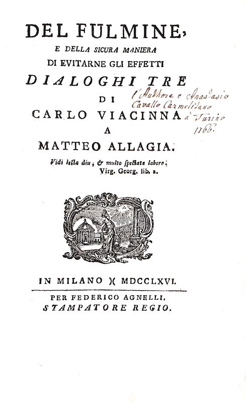 La fisica nel Settecento: Atanasio Cavalli - Del fulmine - Milano 1766 (rara prima edizione)
