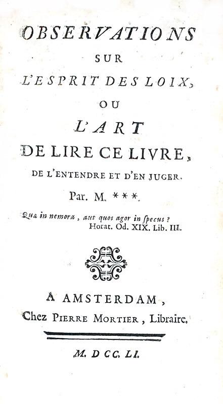 Joseph Barthelemy de La Porte - Observations sur l'Esprit des loix - Amsterdam 1751 (prima edizione)