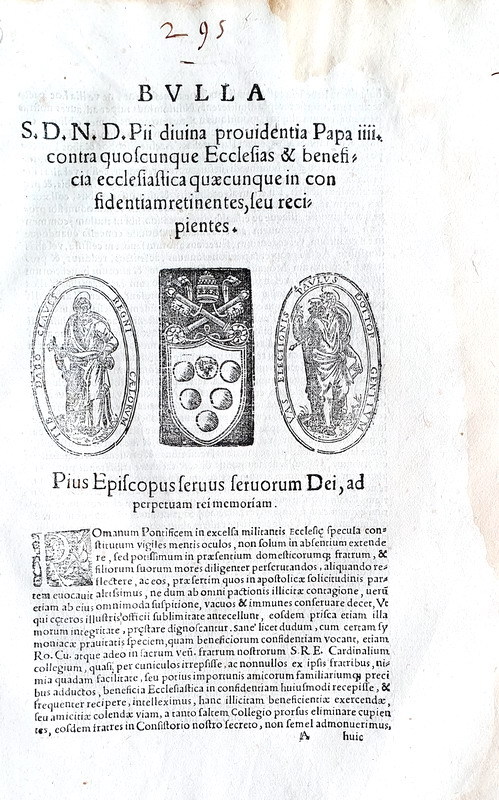 Bolla di Pio IV che disciplina i benefici ecclesiastici - Roma, Blado 1564