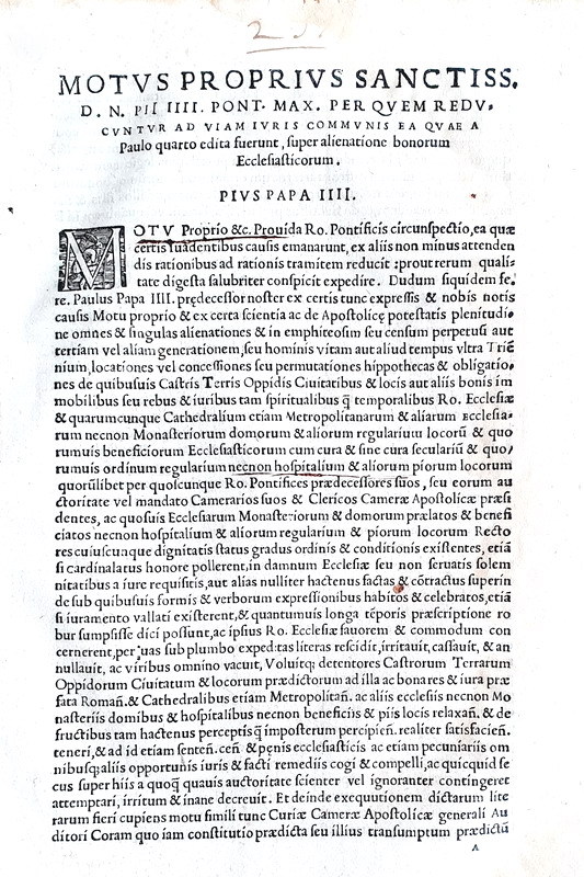 Moto proprio di Pio IV che disciplina le alienazioni dei beni ecclesiastici - Roma, Blado 1560