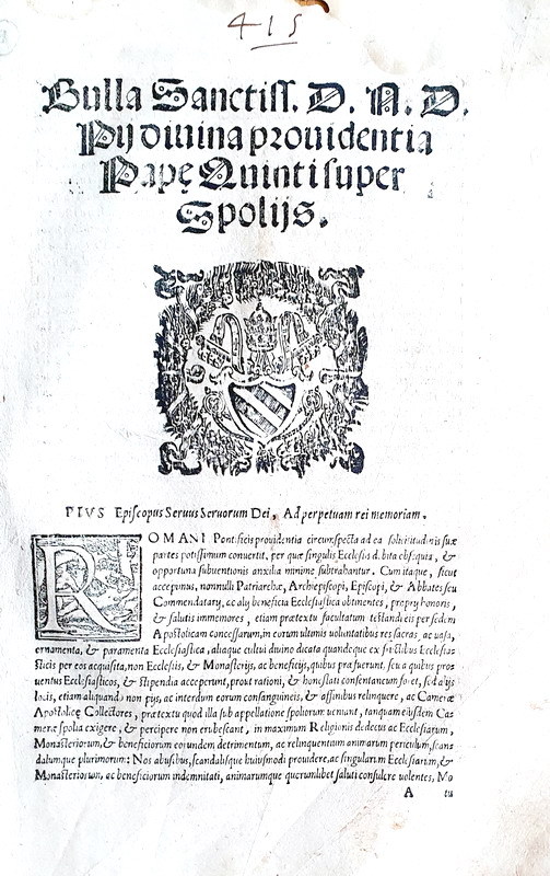 Bolla di papa Pio V sull'istituto dello spoglio - Roma, Blado 1567