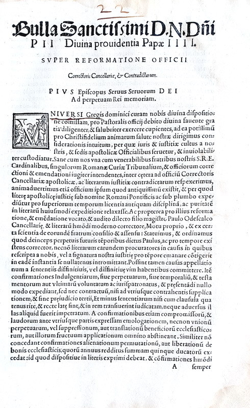 Bolla di papa Pio IV sulla Cancelleria Apostolica - Roma, Blado 1562