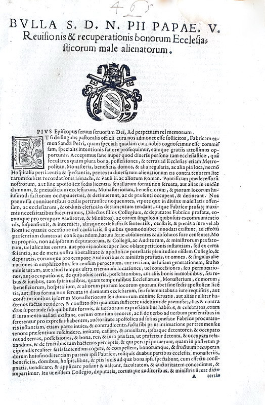 Bolla di Pio V sulla gestione della Fabbrica di San Pietro - Roma, Blado 1571