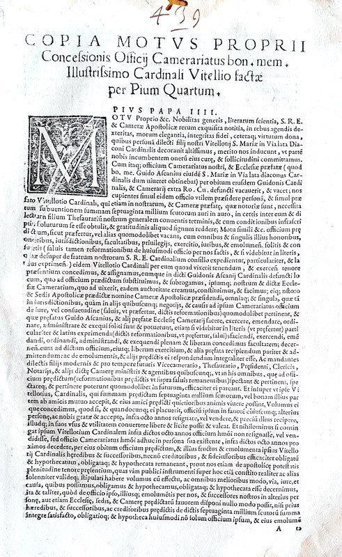 Moto proprio Pio IV di conferimento dell'ufficio di camerariato al cardinale Vitelli -  Blado 1566