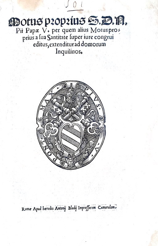 Moto proprio di Pio V che disciplina l'edilizia a Roma - Blado 1571