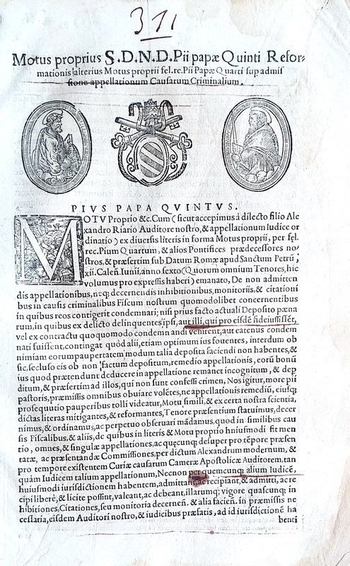 Moto proprio di Pio V che disciplina il ricorso nelle cause criminali - Roma, Blado 1566