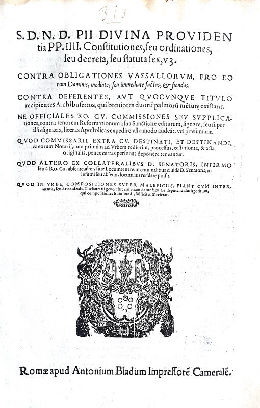 Bolle di Pio IV sull'uso delle armi e sul diritto criminale - Roma, Blado 1565