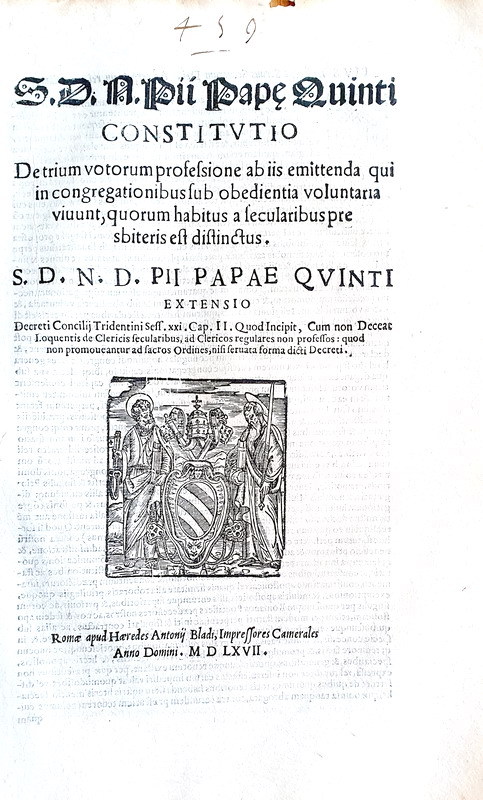 Bolla di Pio V che disciplina il voto di obbedienza negli ordini secolari - Roma, Blado 1567