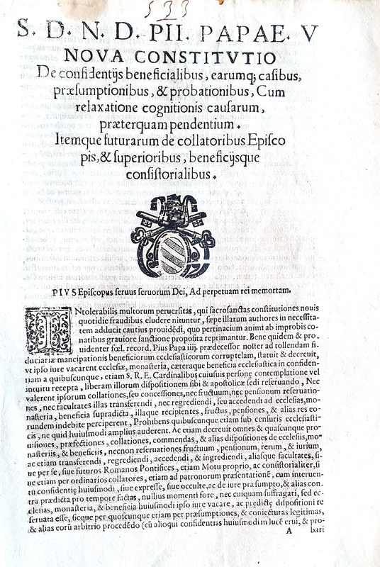 Bolla di Pio V che disciplina in senso restrittivo i benefici ecclesiastici - Roma, Blado 1569