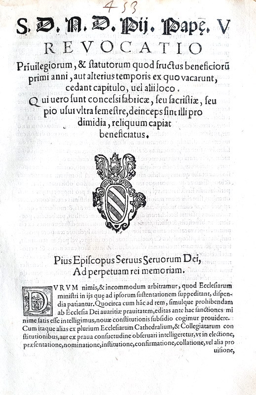 Bolla di Pio V che limita privilegi e benefici ecclesiastici - Roma, Blado 1570