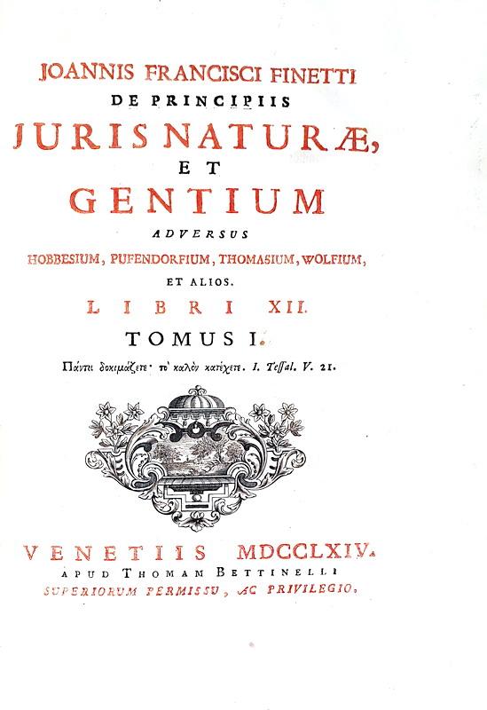 Diritto naturale: Finetti - De principiis juris natur� et gentium adversus Hobbesium et alios - 1764