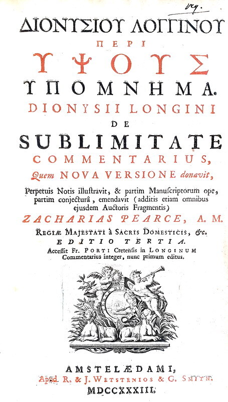 L'estetica nell'antichità classica: Cassius Longinus - De sublimitate - 1733 (legatura alle armi) L'estetica nell'antichità classica: Cassius Longinus - De sublimitate - 1733 (legatura alle armi)