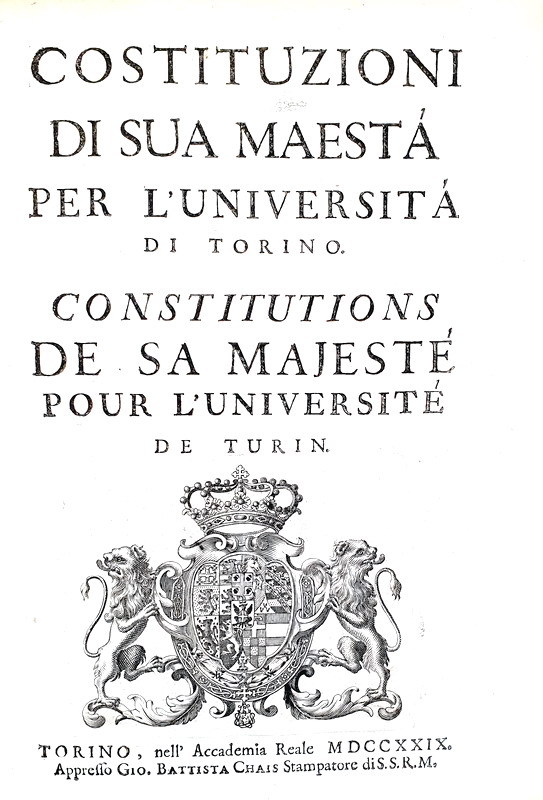 Costituzioni di sua maest per l'Universit di Torino - Accademia Reale 1729 (prima edizione)