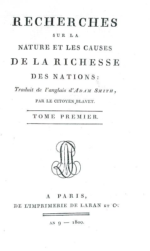 Adam Smith - Recherches sur la nature et les causes de la richesse des nations - Paris 1800 (raro)