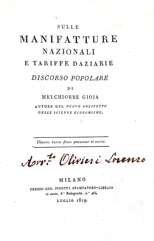 I dazi nell'Ottocento: Gioja - Sulle manifatture nazionali e tariffe daziarie 1819 (prima edizione)