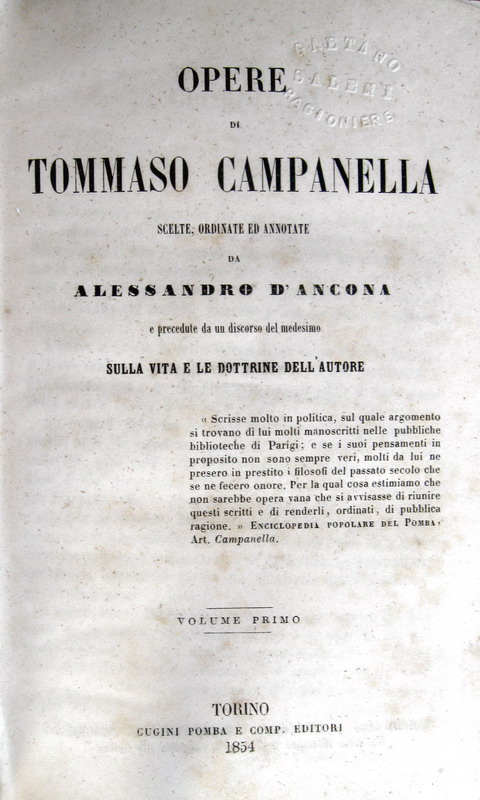 Tommaso Campanella - Opere scelte, ordinate ed annotate da Alessandro D�Ancona - 1854